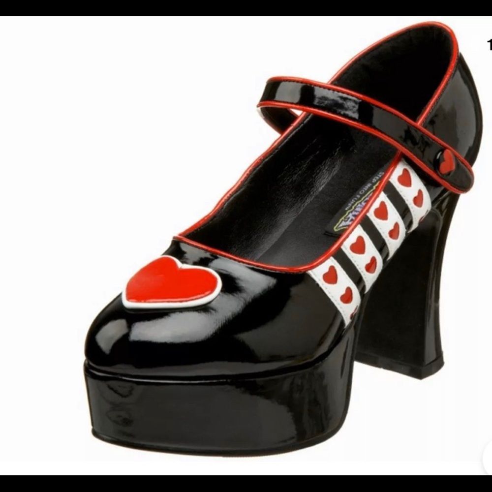Black patent Mary Jane platform pumps-red hearts.